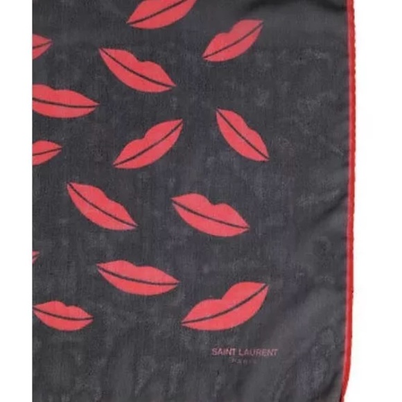 YSL Saint Laurent Paris scarf silk printed signature design sheer red lips - Picture 4 of 7